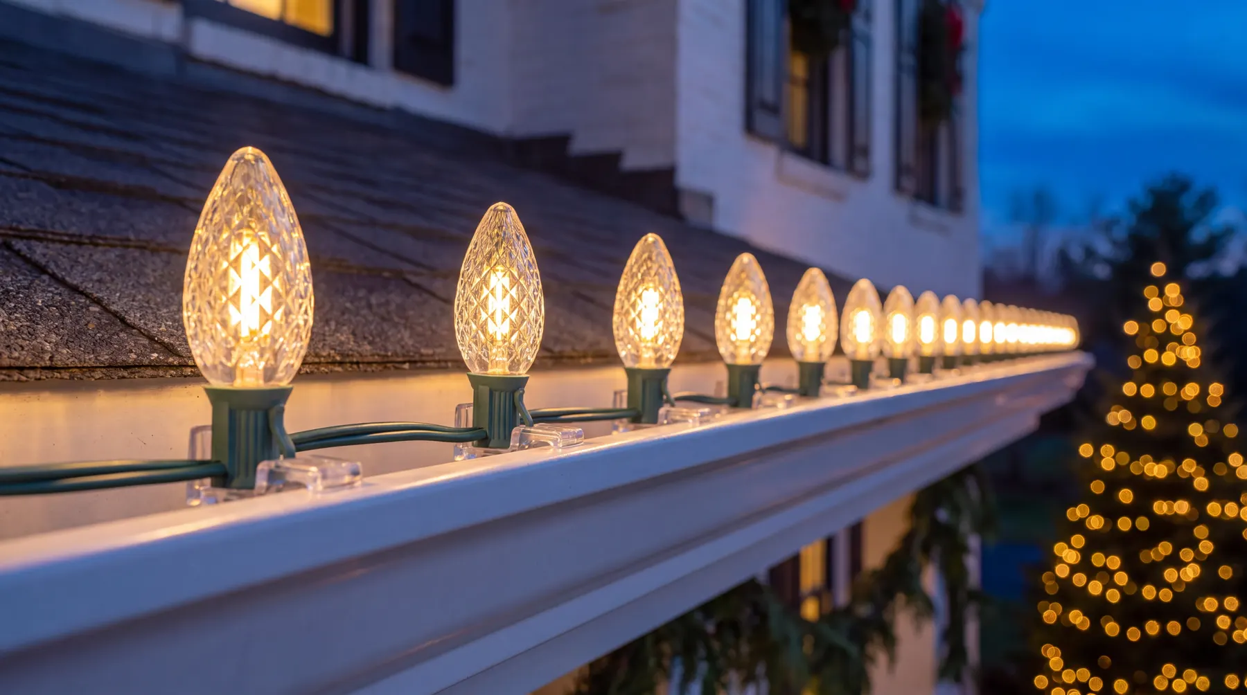 Warm white C9 bulbs clipped to a gutter