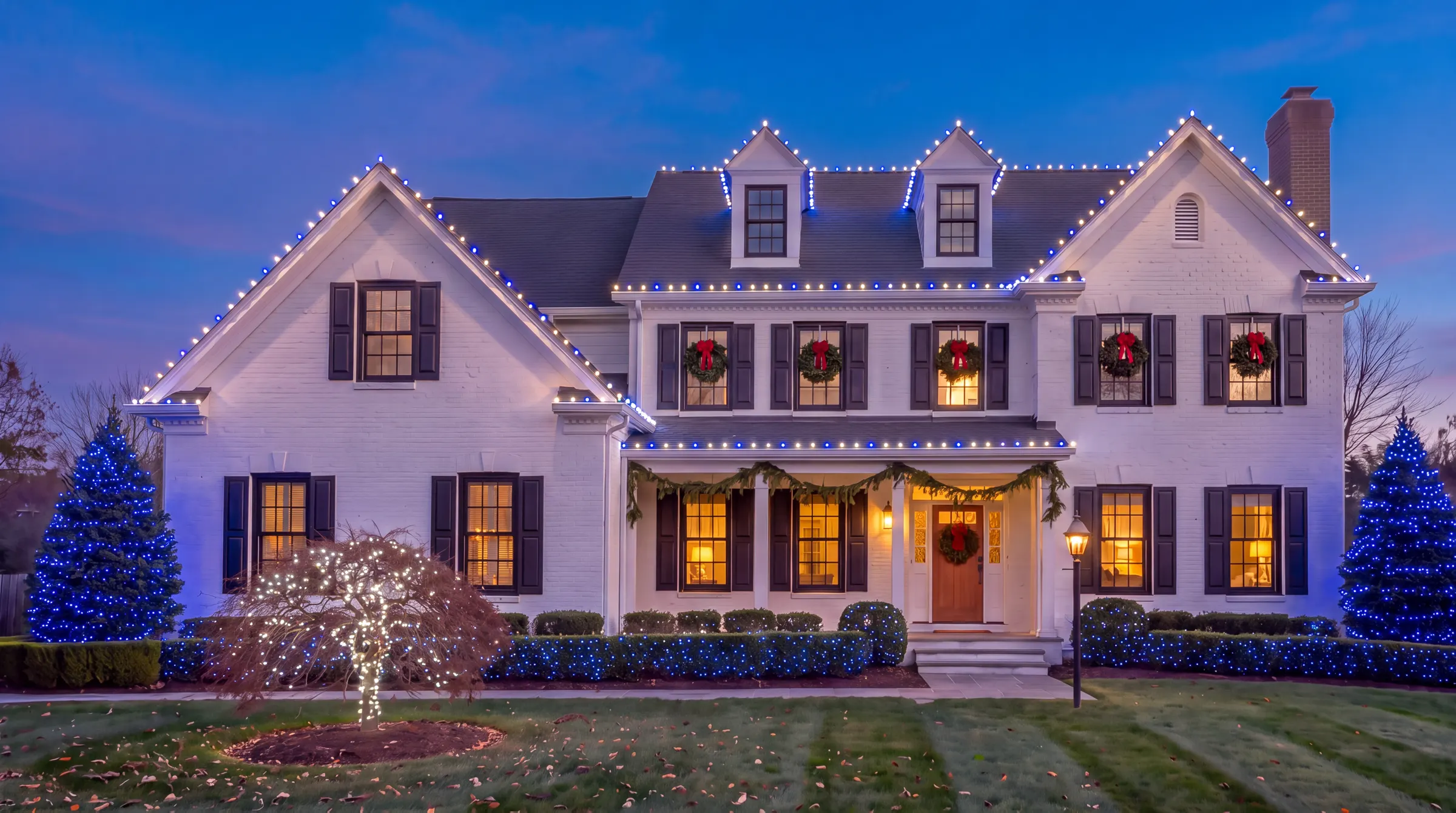 The house lit in Chesapeake Blue