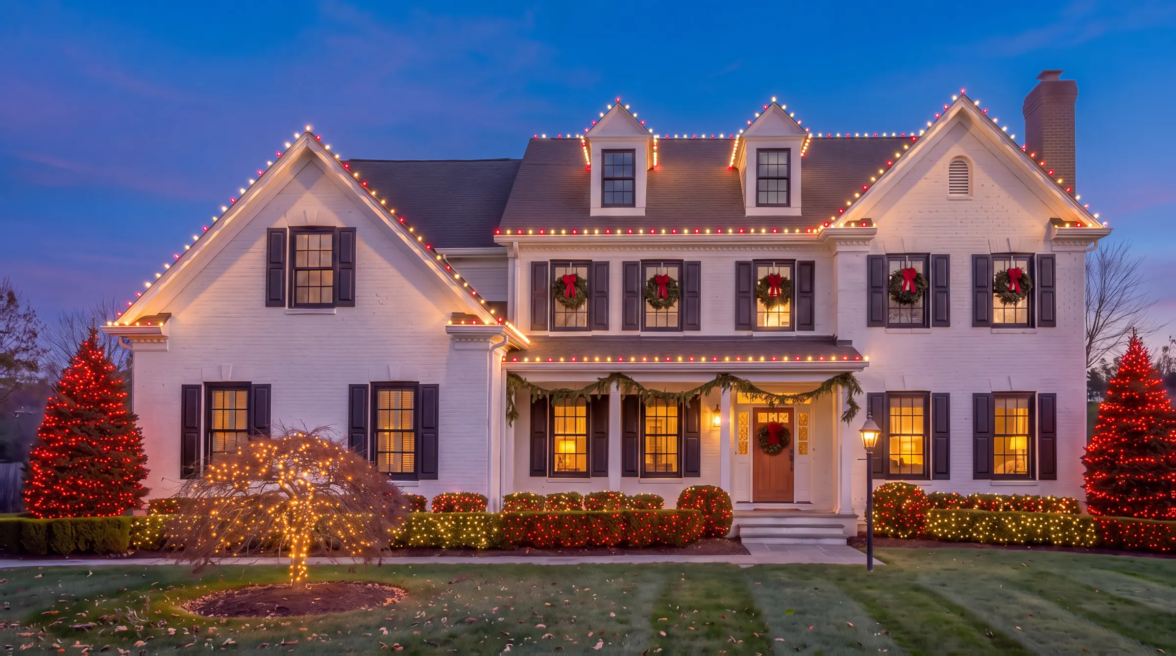 The house lit in Candy Cane